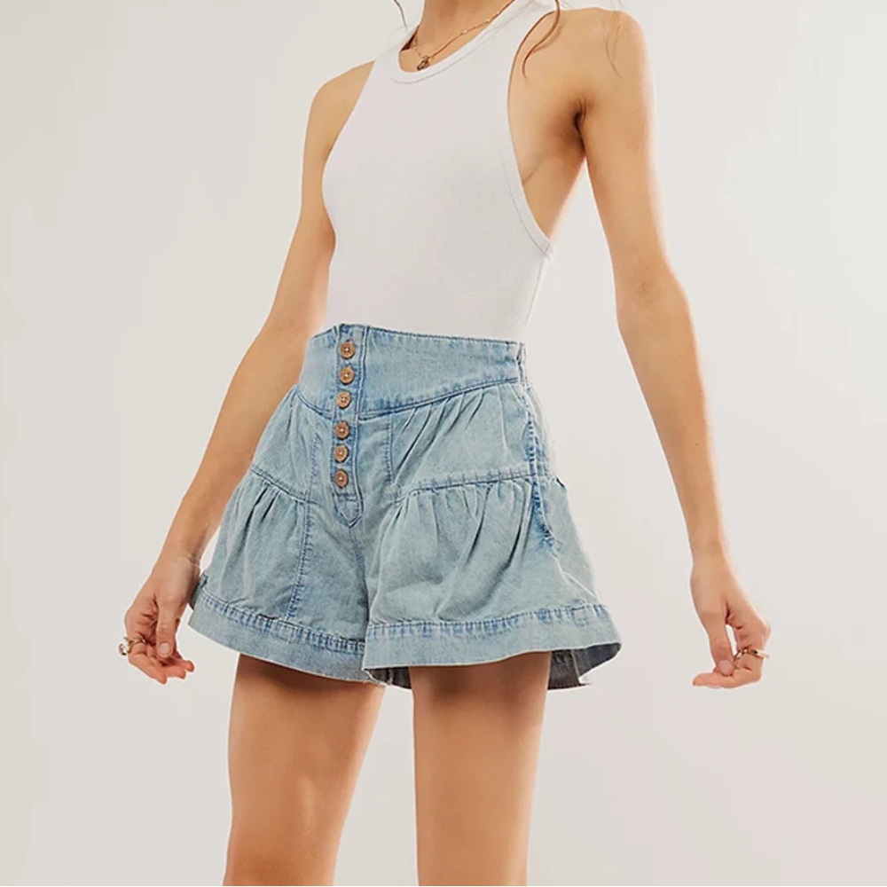 Free People Fleur Pleated Denim Shorts XL Ultra High Rise Belle Blue - Picture 4 of 9